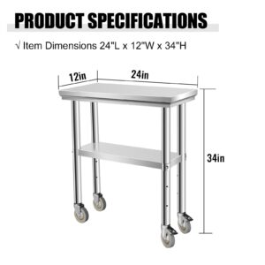 OUKIDR Heavy Duty Work Table, Stainless Steel Table for Prep 24" X 24" with 4 Casters for Commerical Kitchen, Restaurant, Home and Hotel,24" X 24"