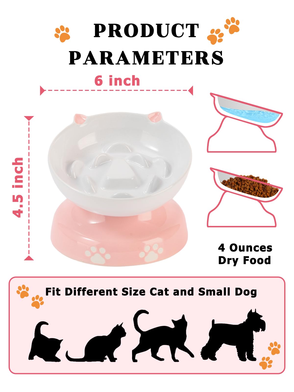 Y YHY Ceramic Slow Feeder Cat Bowl, Elevated Cat Bowl Tilted Design Slow Feeder for Dog and Cat for Dry and Wet Food, Pink