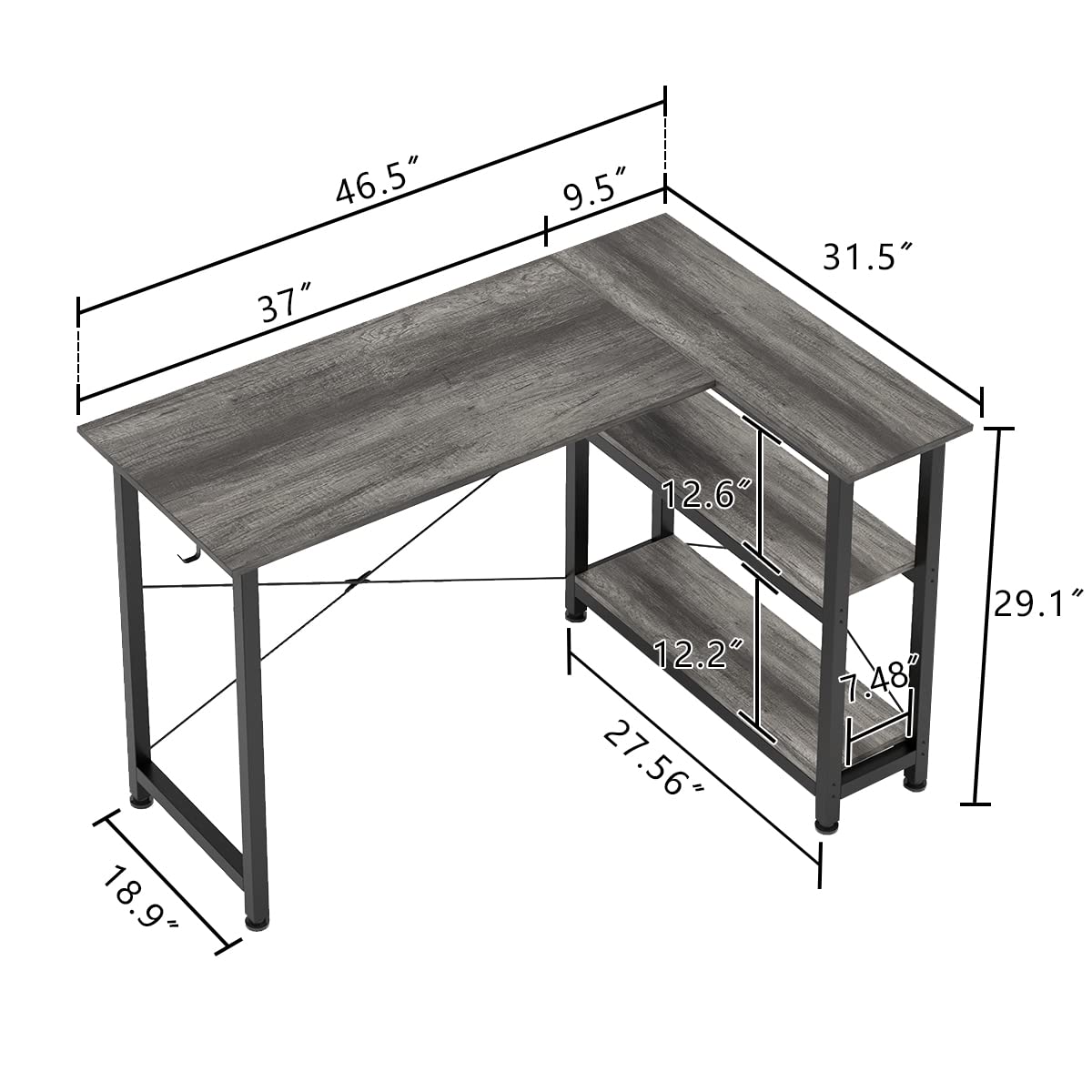 COTUBLR L Shaped Computer Desk, 47 Inch Small Corner Desk with Storage Shelves, Computer Desk Table Laptop Table Writing Desk Study Table for Home Office Workstation Small Spaces (Grey Oak)