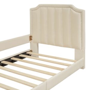 Harper & Bright Designs Upholstered Twin Daybed Frame for Kids,Velvet Twin Beds with Classic Stripe Shaped Headboard, Wood Cute Twin Bed Frames for Children Girls Boys,Beige