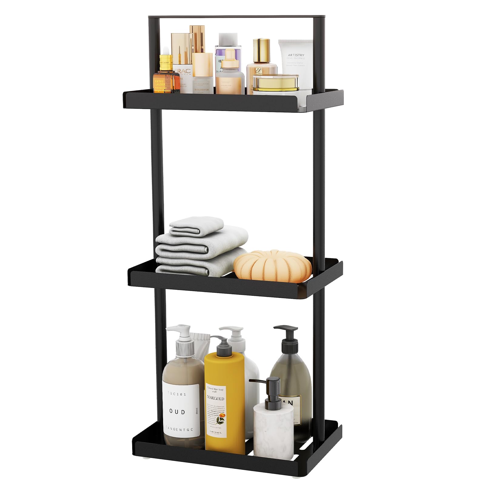 3 Tier Standing Shower Caddy Organizer Corner, Bathroom Shower Organizer Stand with Handle, Metal Shower Shelf Caddy Corner for Shampoo, Shower Rack Stands for Inside Bathroom, Bathtub, Black