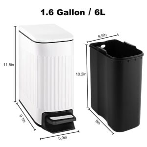 TIPGO Slim Bathroom Trash Can with Lid Soft Close, 6 Liter / 1.6 Gallon Stainless Steel Garbage Can with Removable Inner Bucket, Foot Pedal, Small Trash Cans for Bedroom, Office, Kitchen (White)