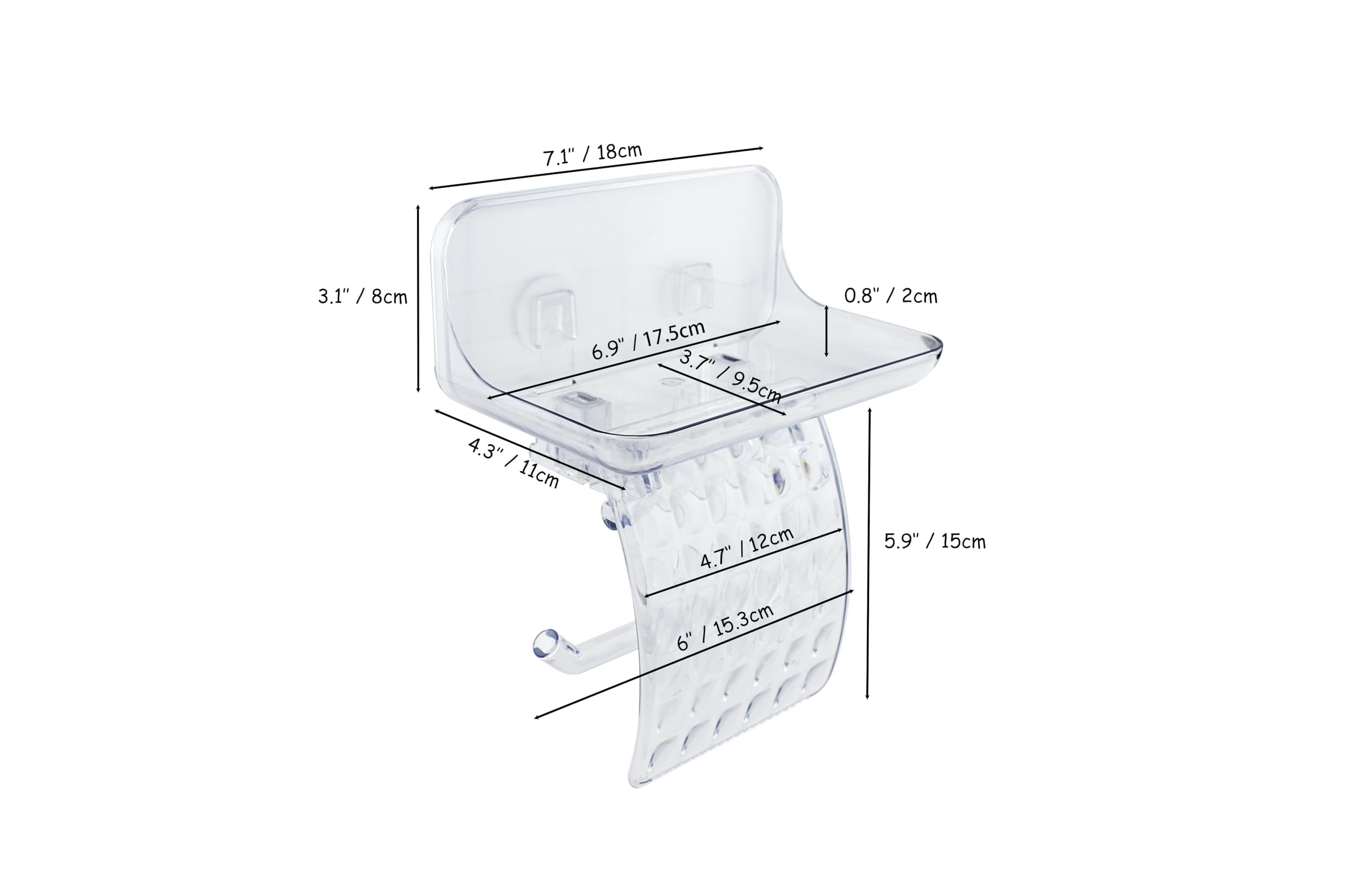 COLINCH Acrylic No Drill Toilet Paper Holder with Shelf - Splashproof, Cat-Proof Tissue Roll Holder, Adhesive Wall Mounted Bathroom Wipes Storage