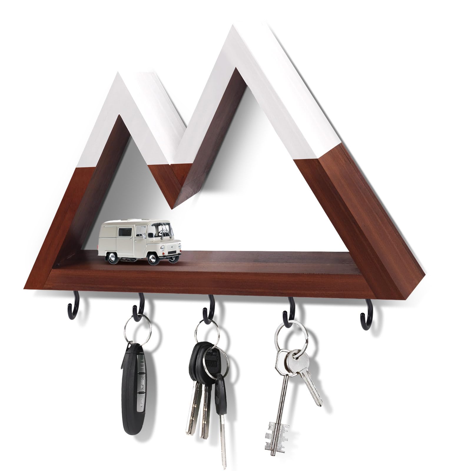 CRAKTH Mountain Key Holder for Wall Decorative, Wooden Key Hanger Wall Mount with 5 Hooks, Unique Key Rack for Mail and Key Organizer