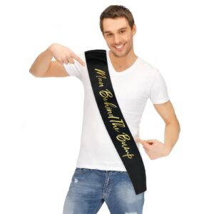 "Man Behind The Bump" Baby Shower Sash for Daddy to Be，Black Gold Lettering Sash Baby Shower Party Decorations Supplies New Father Gender Reveal Gifts