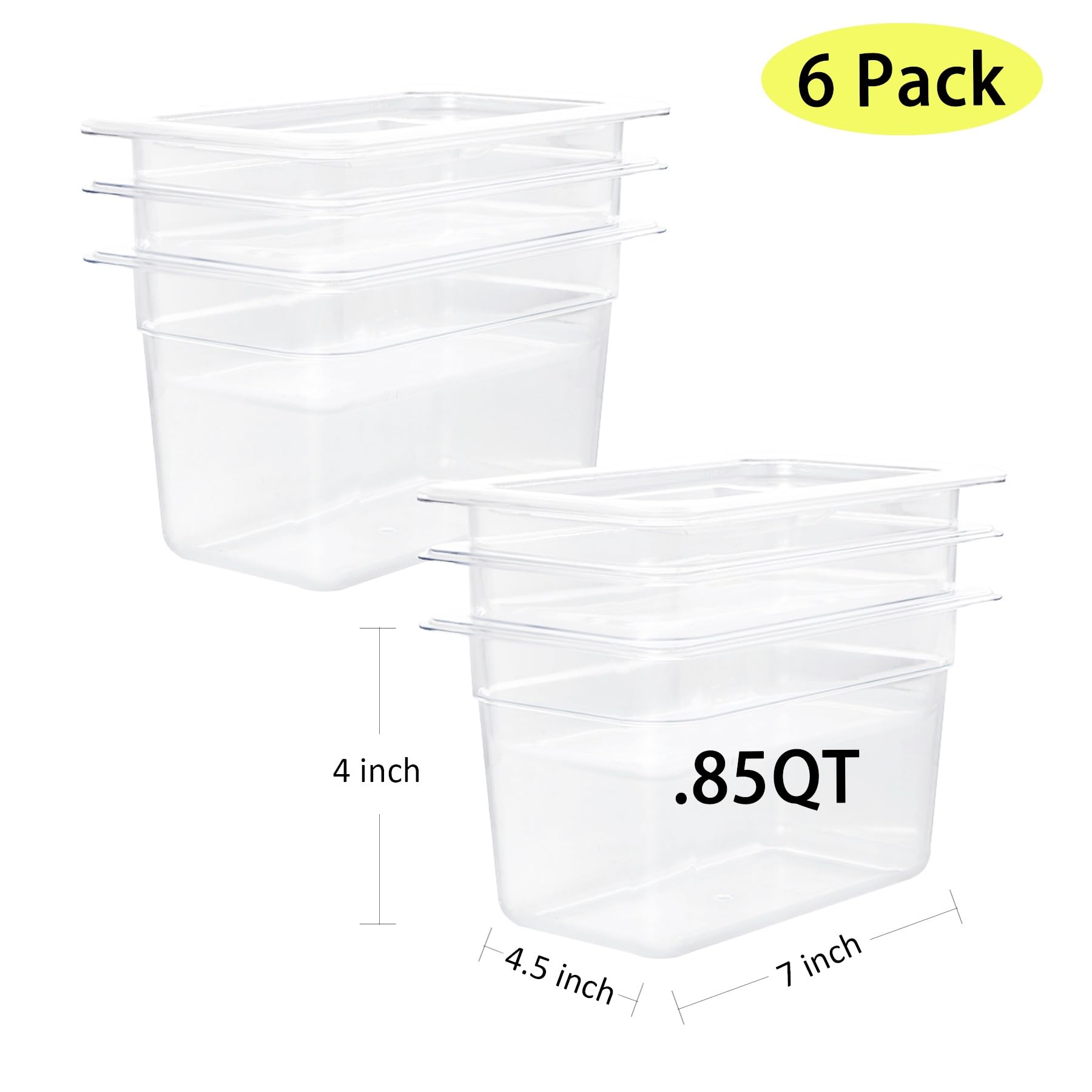 Plastic Food Pan, 1/9 Size 4 Inch Deep Commercial Food Pan, 6 Pack Polycarbonate Plastic Clear Storage Containers, Durable Hotel Pans for Fruits Vegetables Beans Corns Freezer-Safe