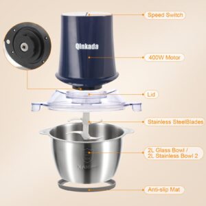 Qinkada Food Processors with 2 Bowls, 400W Meat Grinder, Food Chopper Electric, 2 Speed, 8Cup Glass and 8Cup 304 Stainless Steel, 2 Blades, Spatula (Blue)