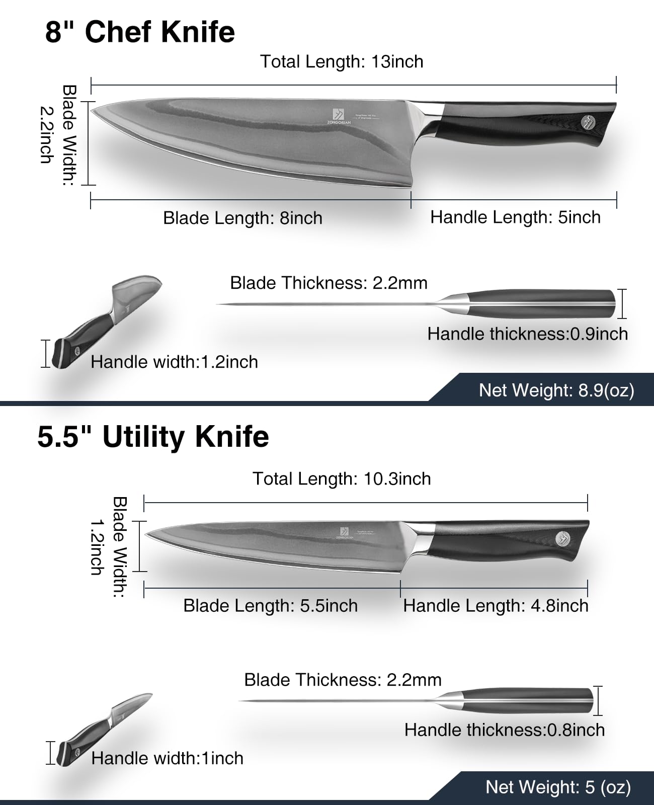 ZongChuan 10C Pro Kitchen Knife Set 2pc,8" Chef Knife & 5.5" Utility Knife,VG10 High Carbon Stainless Steel,6-Star Sharp Standard,G10 Black Handle,Love's Gift Box