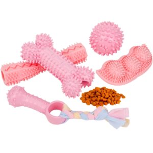 Fuyamp 5 Pack Puppy Chew Toys for Teething Puppies Soft Rubber Cute Pink Dog Toys Teeth Cleaning Teething Toy Soft Rubber Rope Dog Toys Funny Bone Ball Cleaning Teeth Dog for Small Medium Dogs