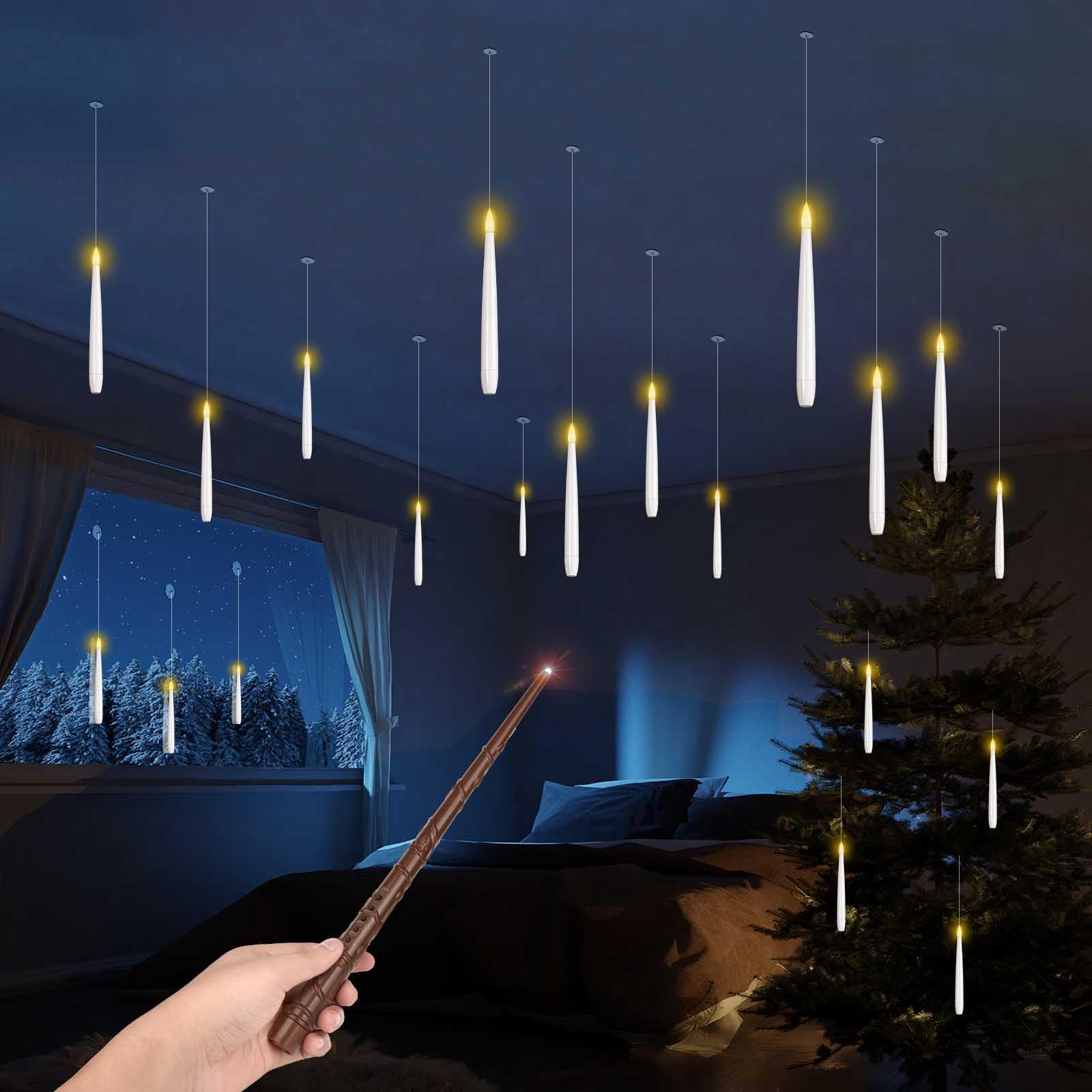 Floating Candles with Wand Remote, 20 Pcs Upgraded 3-Mode Magic Hanging Candles with String, Flickering Warm Light, Battery Operated, Decor for Christmas, Wedding, Party, Gifts for Kids Boys Girls