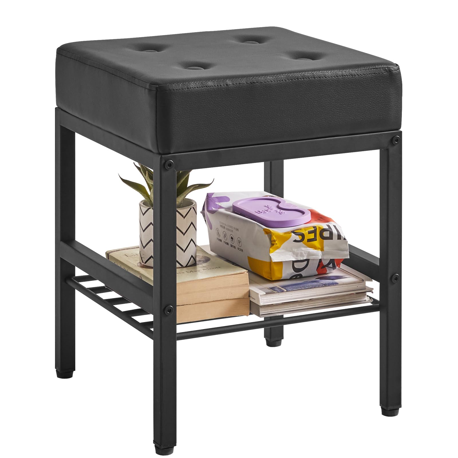 IBUYKE Square Makeup Stool with Adjustable Feet and Storage Space, Footrest Stool, PU Seat Vanity Stool, Multi-Use as Small Side Table or Ottoman, for Bedroom, Black LG-60B