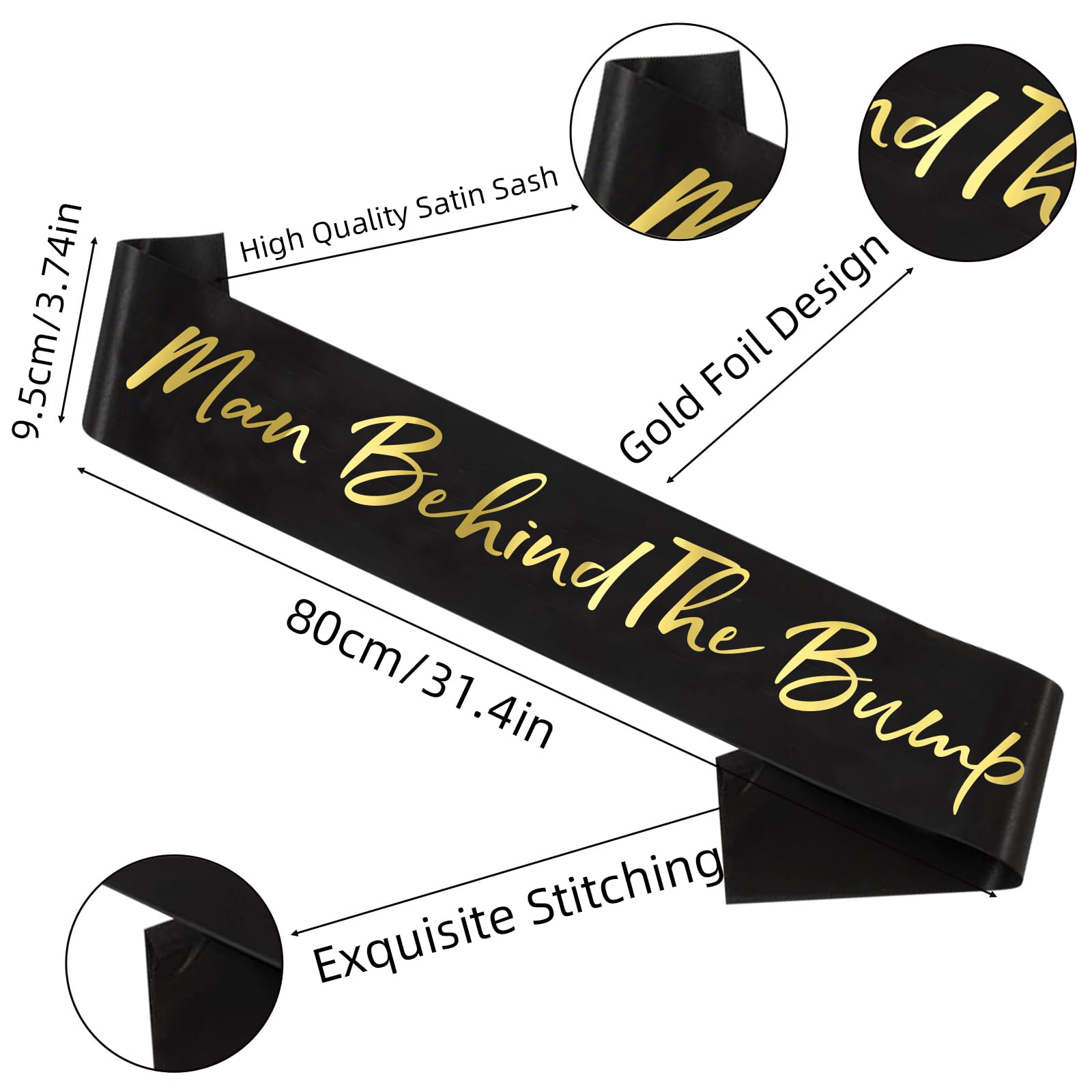 "Man Behind The Bump" Baby Shower Sash for Daddy to Be，Black Gold Lettering Sash Baby Shower Party Decorations Supplies New Father Gender Reveal Gifts