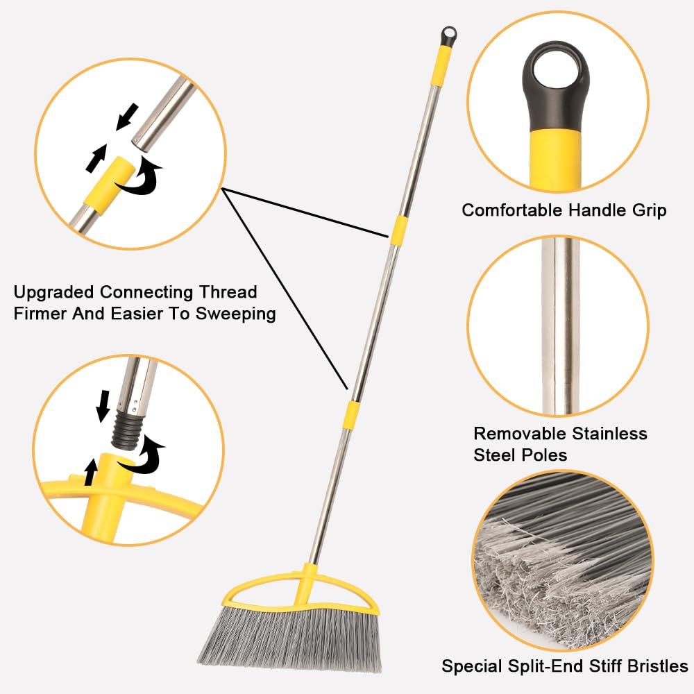 14" Widen Broom for Floor Cleaning, Long Handle Outdoor Broom,Heavy Duty Broom with Stiff Bristles,Sweeping Broom,Angle Broom for Garage Patio Garden Deck Home