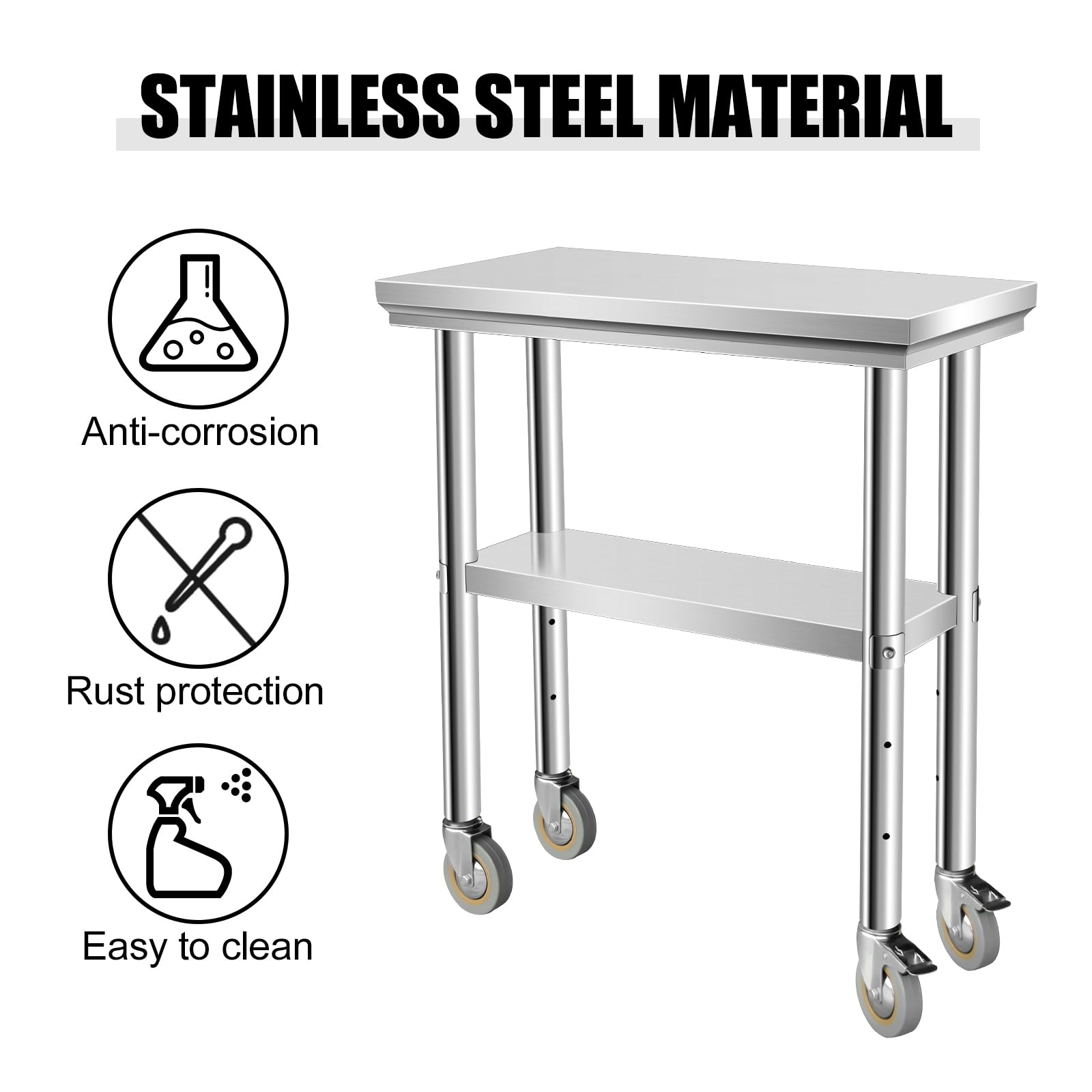 OUKIDR Heavy Duty Work Table, Stainless Steel Table for Prep 24" X 24" with 4 Casters for Commerical Kitchen, Restaurant, Home and Hotel,24" X 24"