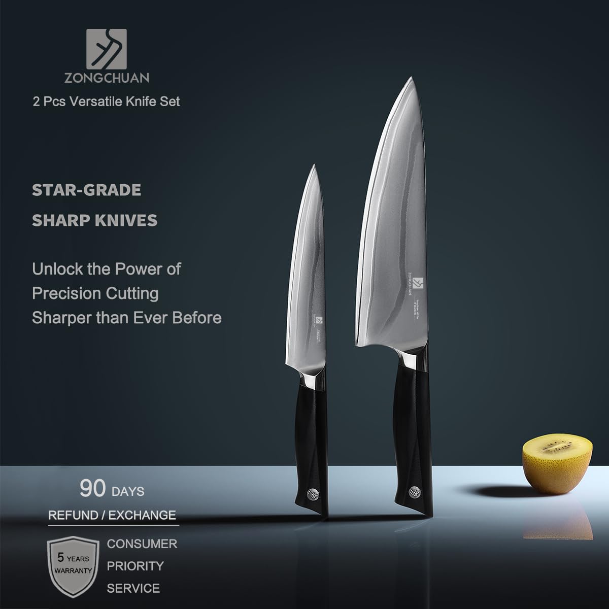 ZongChuan 10C Pro Kitchen Knife Set 2pc,8" Chef Knife & 5.5" Utility Knife,VG10 High Carbon Stainless Steel,6-Star Sharp Standard,G10 Black Handle,Love's Gift Box