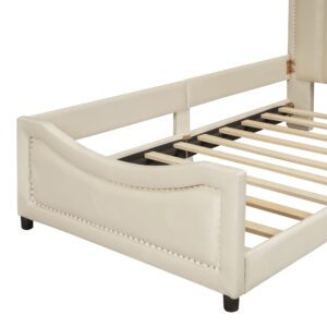 Harper & Bright Designs Upholstered Twin Daybed Frame for Kids,Velvet Twin Beds with Classic Stripe Shaped Headboard, Wood Cute Twin Bed Frames for Children Girls Boys,Beige