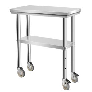 oukidr heavy duty work table, stainless steel table for prep 24" x 24" with 4 casters for commerical kitchen, restaurant, home and hotel,24" x 24"