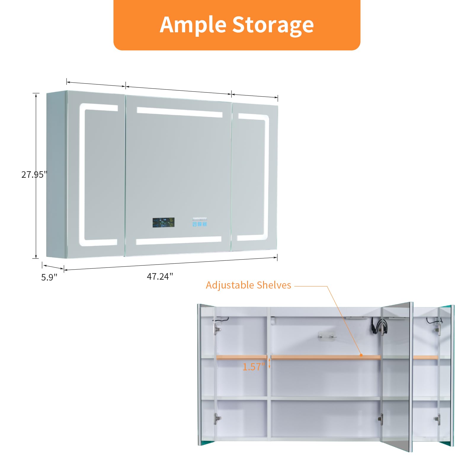 FCH LED Medicine Cabinet with Smart Mirror, 48" Wide Bathroom Medicine Cabinet with Bluetooth& Speaker, Clock, Room Temp Display, Defog, Stepless Dimming, 3-Color Temper Change, Outlets & USBs