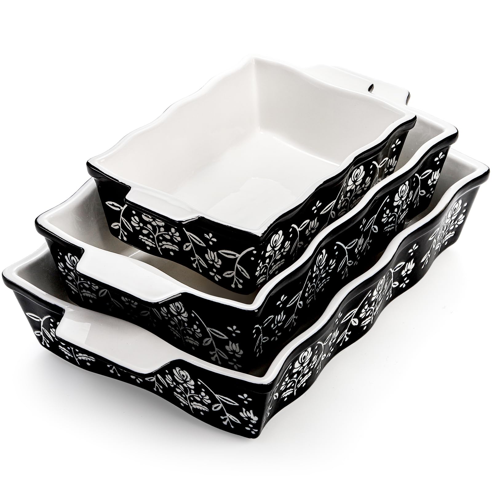 Bekith 3-Piece Ceramic Baking Dishes with Handles, Casserole Dishes for Oven, Rectangular Deep Lasagna Pans, Porcelain Bakeware Sets for Baking Cake Kitchen, Cooking, Black and White