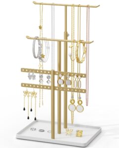 susswiff jewelry holder organizer stand - adjustable jewelry tree 17.5" height (max), jewlery hanger for necklaces, bracelets, earrings, aesthetic for storage and display, metal, gold and white