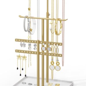 susswiff Jewelry Holder Organizer Stand - Adjustable Jewelry Tree 17.5" Height (Max), Jewlery Hanger for Necklaces, Bracelets, Earrings, Aesthetic for Storage and Display, Metal, Gold and White