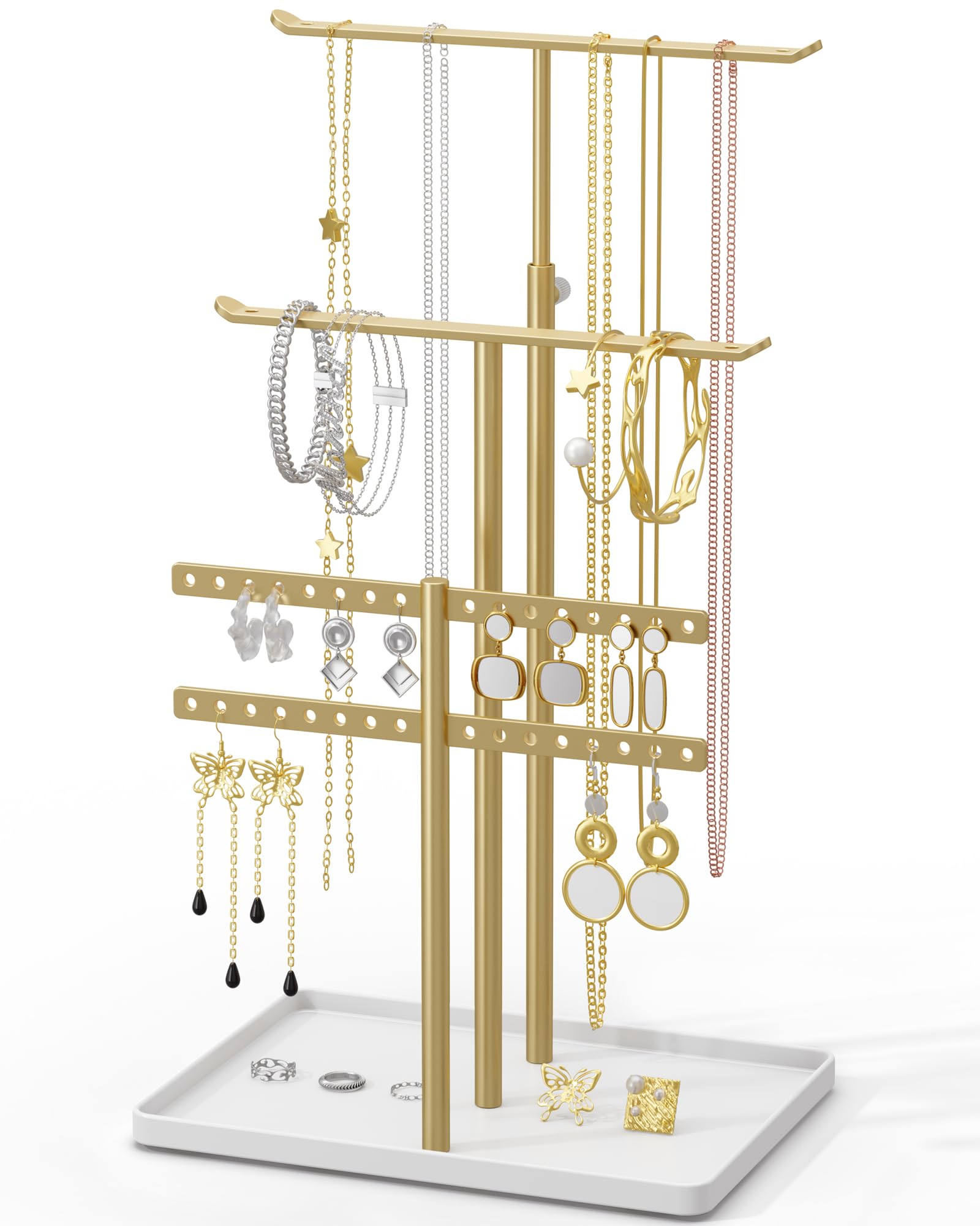 susswiff Jewelry Holder Organizer Stand - Adjustable Jewelry Tree 17.5" Height (Max), Jewlery Hanger for Necklaces, Bracelets, Earrings, Aesthetic for Storage and Display, Metal, Gold and White