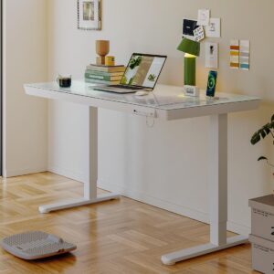 FEZIBO 55 × 24 Electric Standing Desk with Drawers, Whole-Piece Glass Adjustable Height Desk, One-Piece Quick Install Adjustable Sit Stand Desk, White