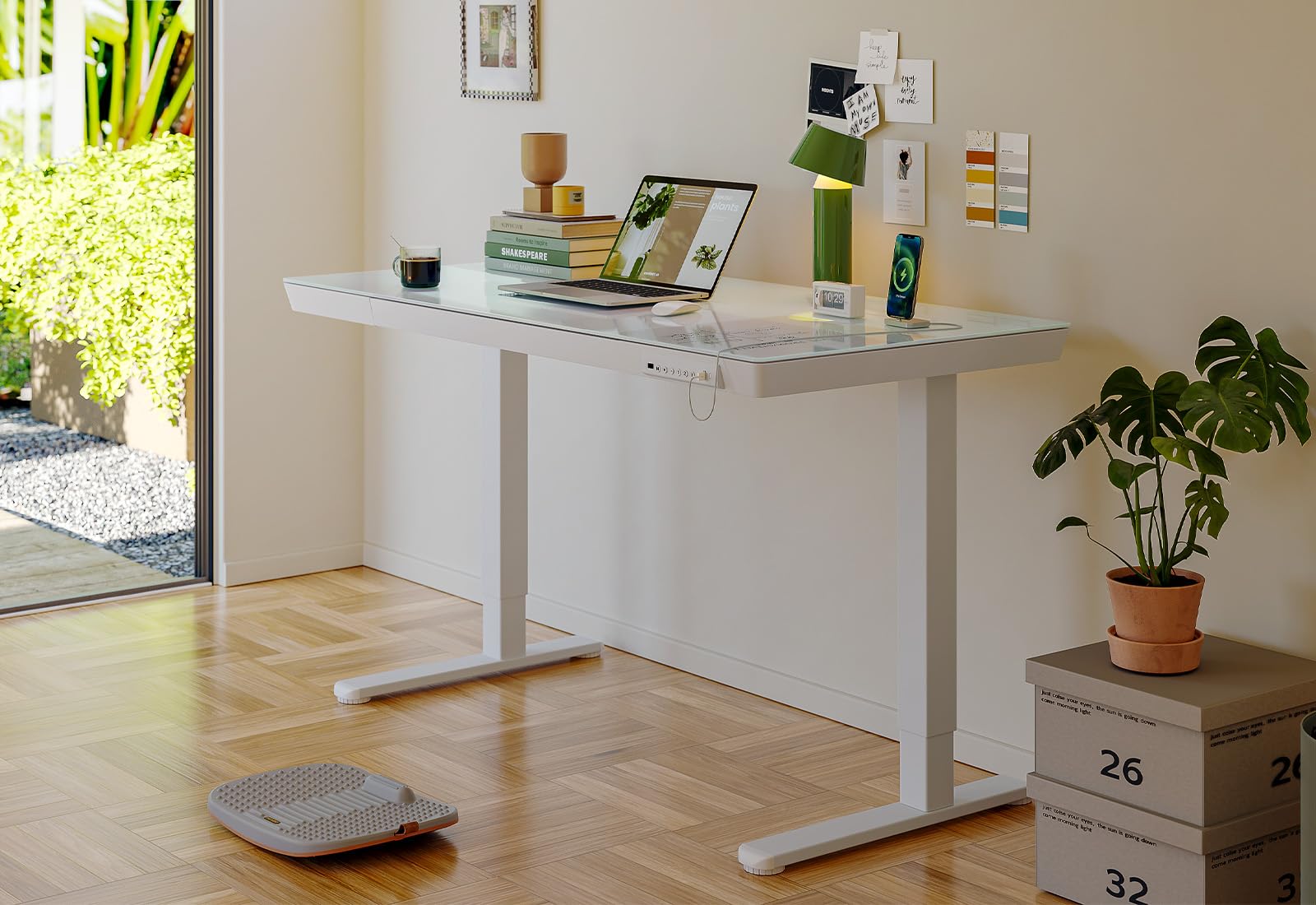 FEZIBO 55 × 24 Electric Standing Desk with Drawers, Whole-Piece Glass Adjustable Height Desk, One-Piece Quick Install Adjustable Sit Stand Desk, White