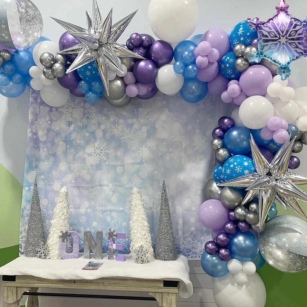 Blue Purple Snowflake Balloon Garland Arch Kit,148Pcs Ice Snow Blue Purple Silver White Balloons for Winter Wonderland Christmas Baby Shower Snow Princess Girls Birthday Party Decorations