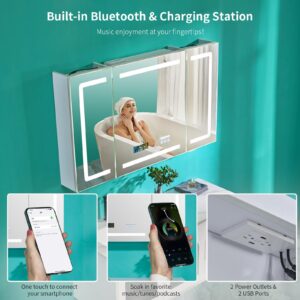 FCH LED Medicine Cabinet with Smart Mirror, 48" Wide Bathroom Medicine Cabinet with Bluetooth& Speaker, Clock, Room Temp Display, Defog, Stepless Dimming, 3-Color Temper Change, Outlets & USBs