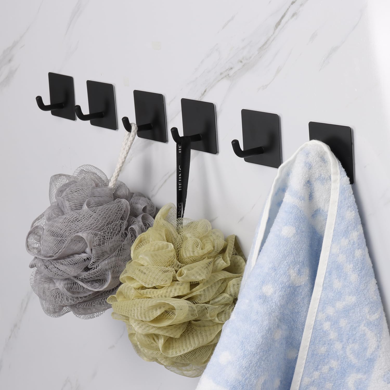 Vanloory Bath Towel Hooks - 6 Pack Strong Self Adhesive Coat/Clothes Hooks, No Drilling Sticky Hooks, Heavy Duty 304 Stainless Steel Shower Wall Hook for Bathroom Kitchen Bedroom(Matte Black)