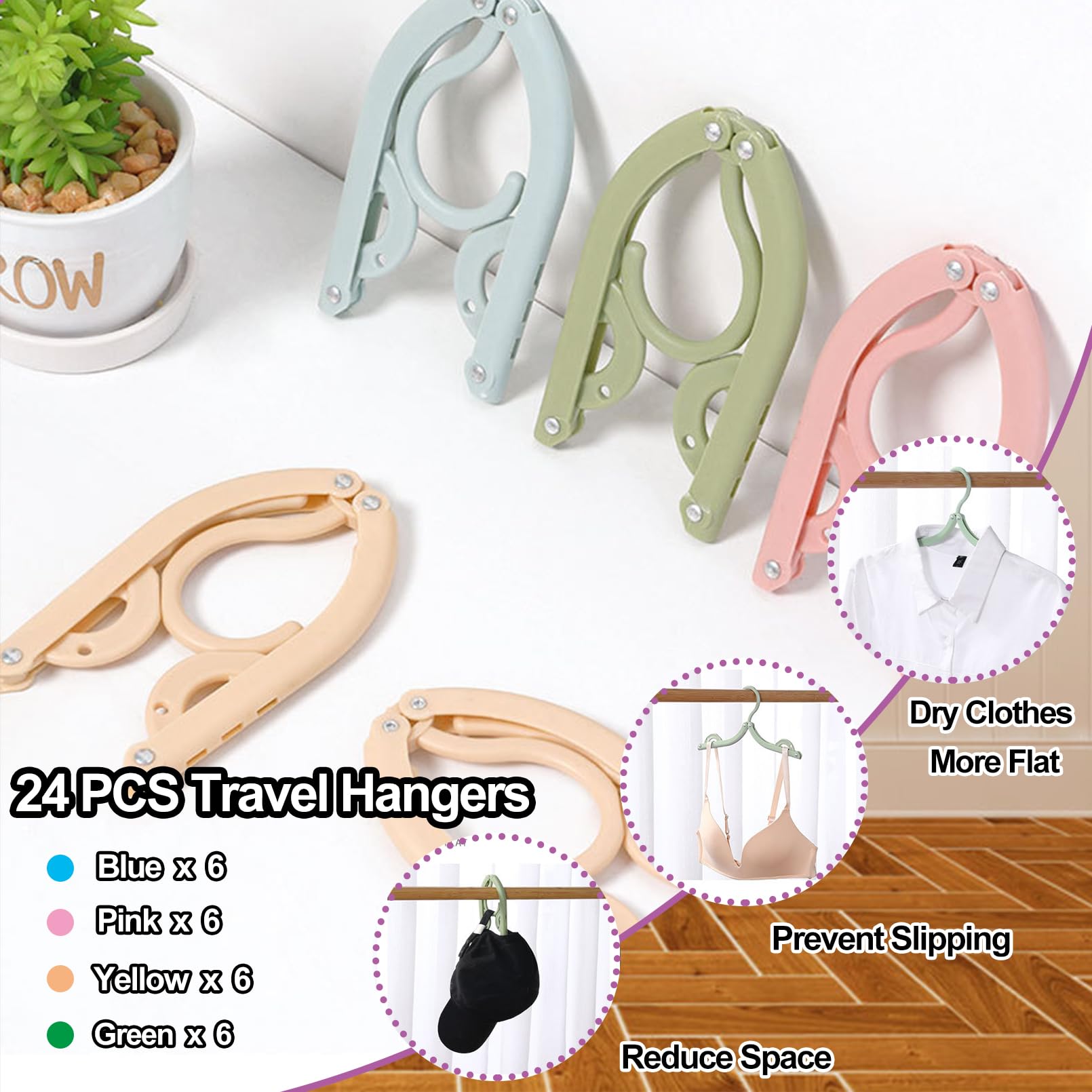 24PCS Travel Hangers,Portable Folding Clothes Hangers,Travel Clothes Hangers with Clotheslines,Travel Accessories Foldable Clothes Drying Rack for Travel,Plastic Foldable Non Slip Clothing Hangers