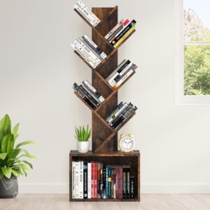 art-giftree wood tree bookshelf 6 tier, sturdy retro floor standing bookcase, storage rack for home office, bedroom, living room, reading spot, heavy book organizer shelves for cds/dvds/movies