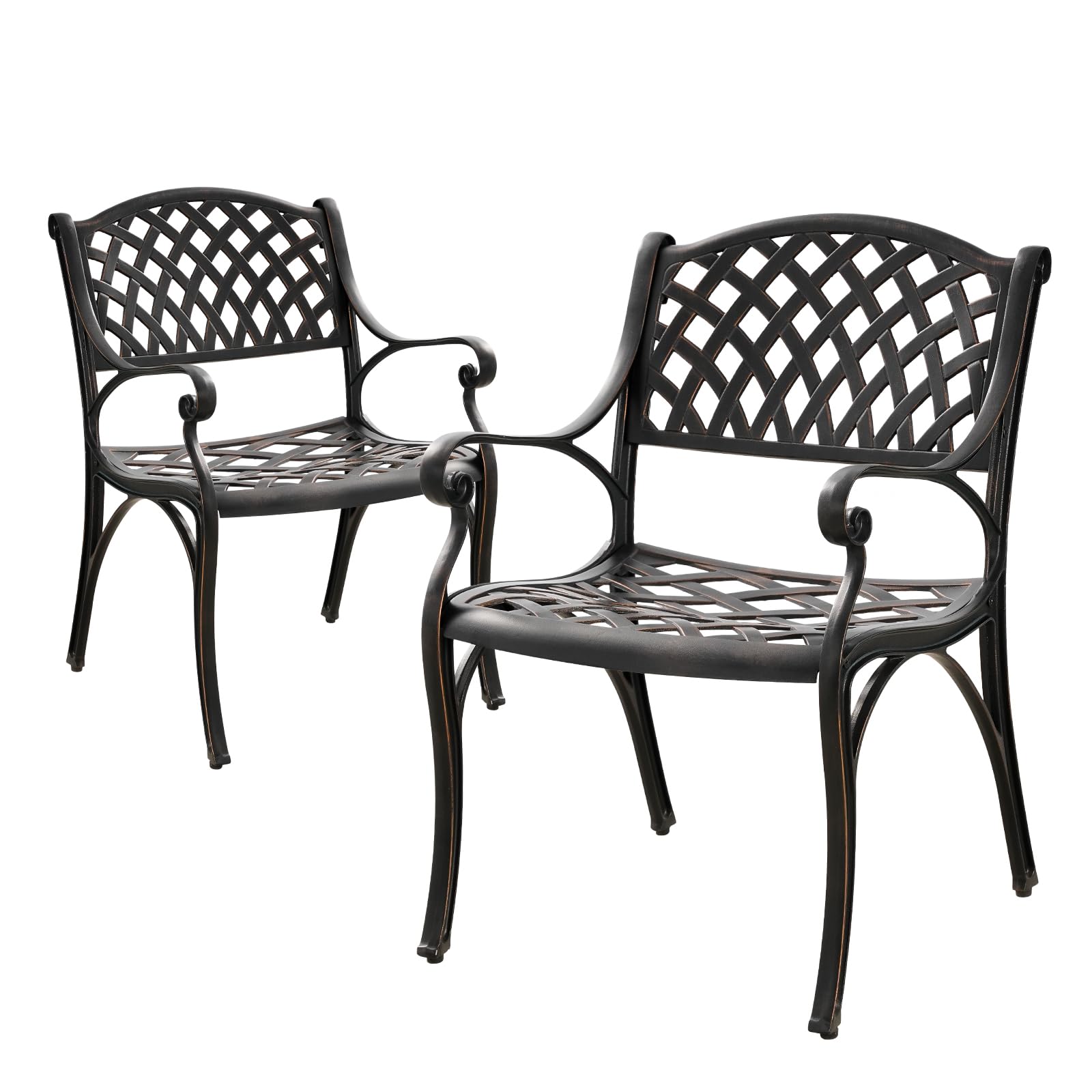 PATIO-IN Outdoor Cast Aluminum Chairs Set of 2, Patio Dining Chair with Armrest, All-Weather Patio Bistro Chair Set with Adjustable Foot Pads for Balcony, Lawn, Garden, Backyard