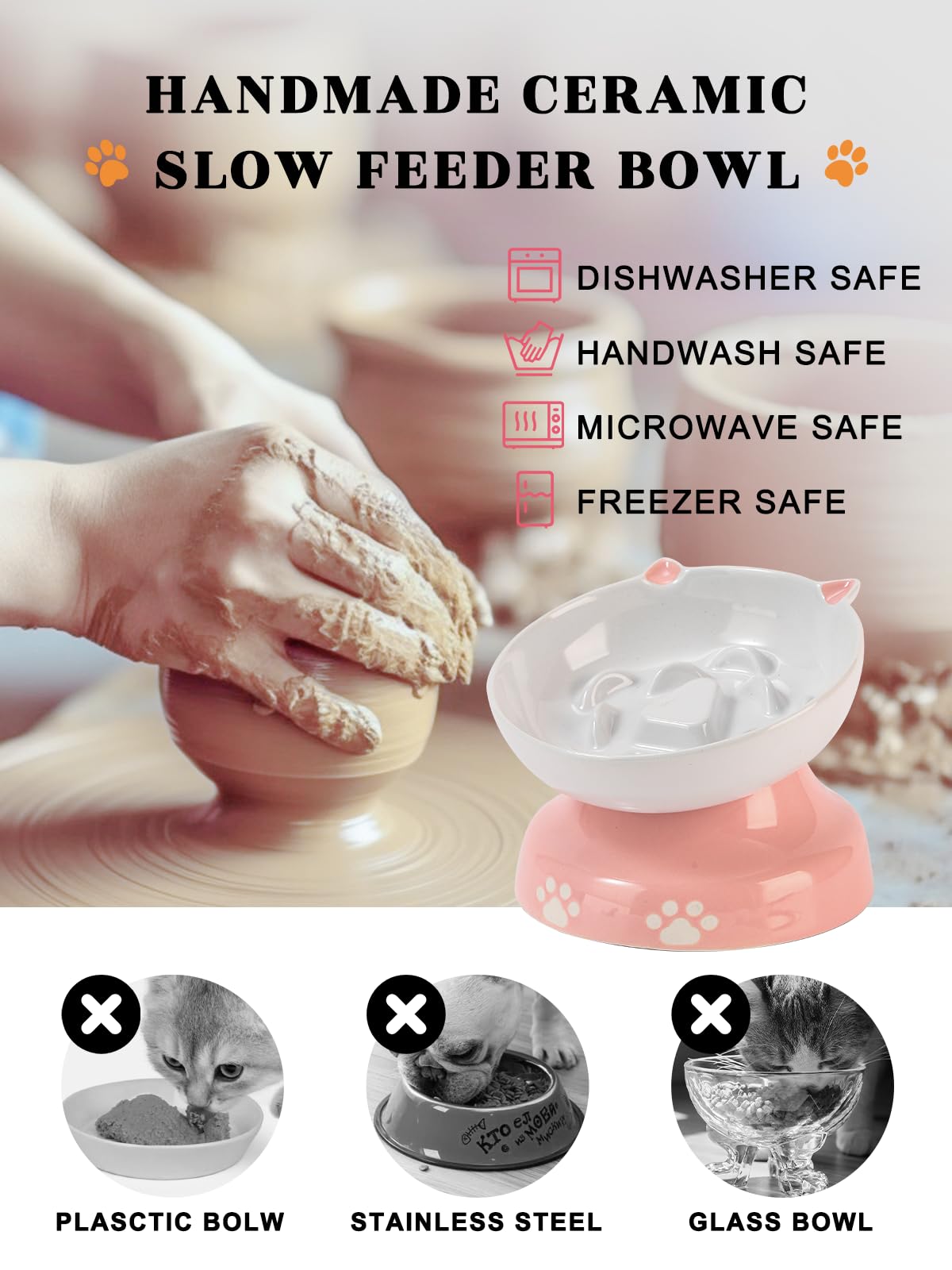 Y YHY Ceramic Slow Feeder Cat Bowl, Elevated Cat Bowl Tilted Design Slow Feeder for Dog and Cat for Dry and Wet Food, Pink