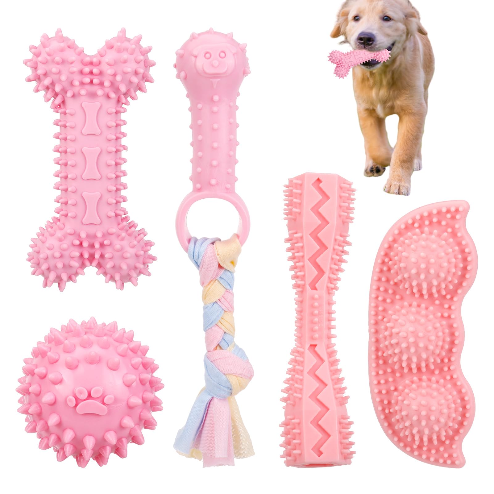 Fuyamp 5 Pack Puppy Chew Toys for Teething Puppies Soft Rubber Cute Pink Dog Toys Teeth Cleaning Teething Toy Soft Rubber Rope Dog Toys Funny Bone Ball Cleaning Teeth Dog for Small Medium Dogs