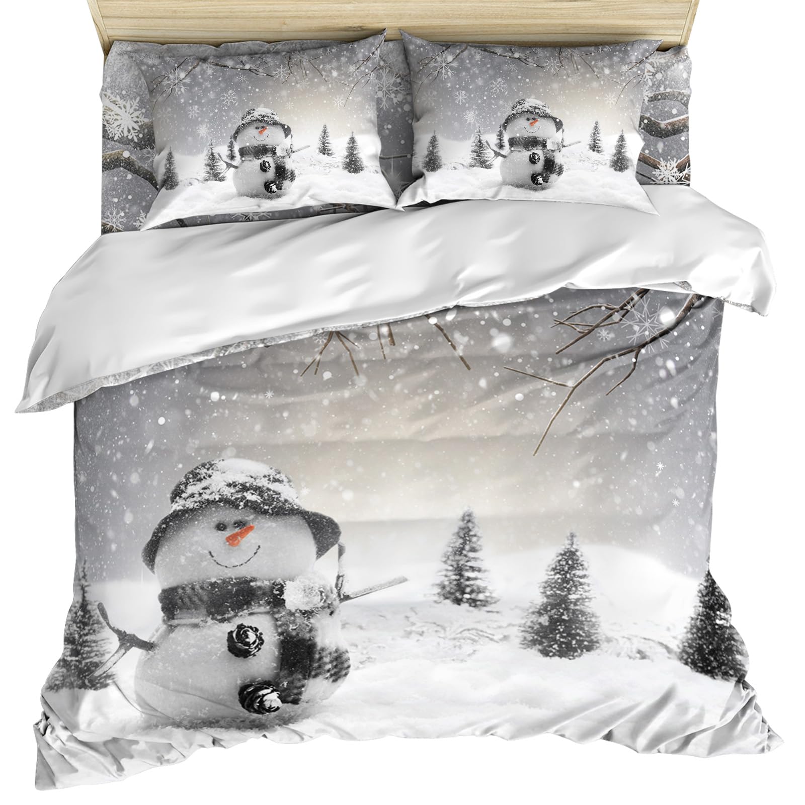 Debedcor Grey Snowman Christmas Bedding Cal. King Comforter Covers Sets, Gray Winter Snowflake Branch 4 Piece Duvet Cover Set Lightweight Microfiber Soft Bedding Set for Adult Teen, Xmas Forest Snow