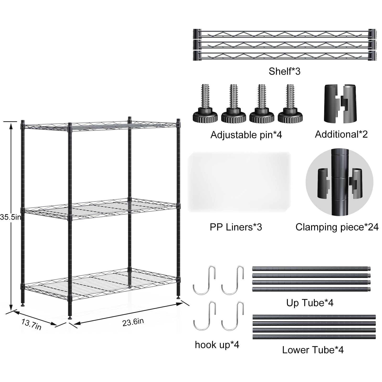 SsngygHme 3 Tier Shelves Storage, Wire Shelf Unit, Standing Adjustable Metal Shelves Organizer, Storage Racks for Restaurant Garage Pantry Kitchen Garage（Large，23.6" L x13.7 W x 35.5" H）…