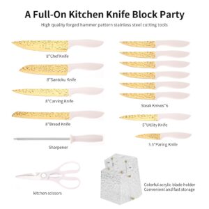 Kitchen Knife Set Non Stick Knives Set with Block Cutlery Knife Block Sets, Serrated Steak Knife, Scissors and Sharpener, 15Pcs Stainless Steel Chef Sharp Quality with Gold Blade for Home & Pro Use