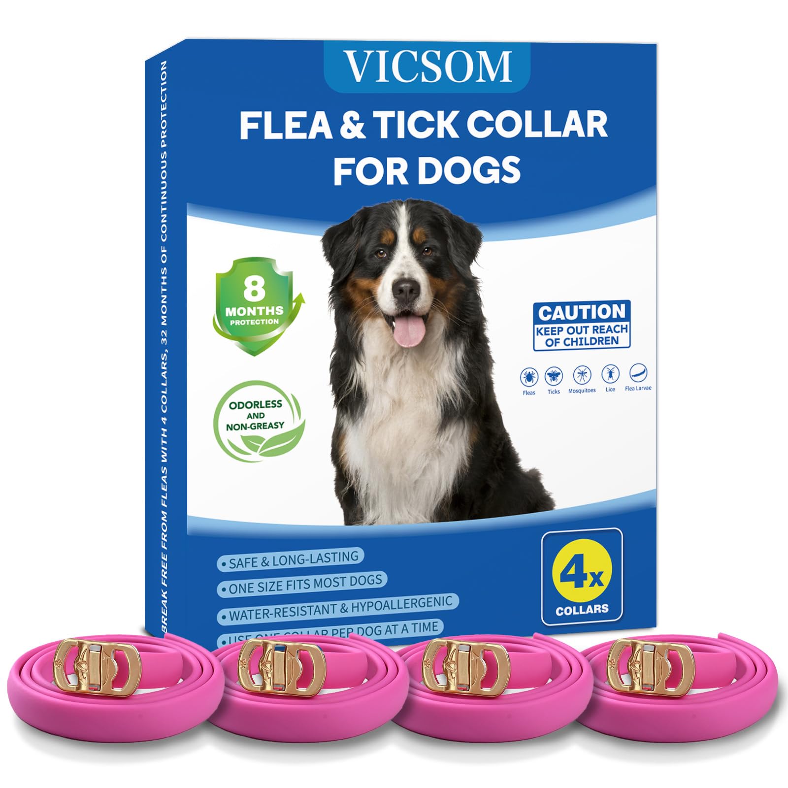 4 Pack Flea Collar for Dogs, Dog Flea and Tick Collar 8 Months Flea and Tick Prevent for Dog, Waterproof Adjustable Dog Flea Collar, Tick and Flea Collar for Large Small Dogs Puppy Flea Collar, Pink