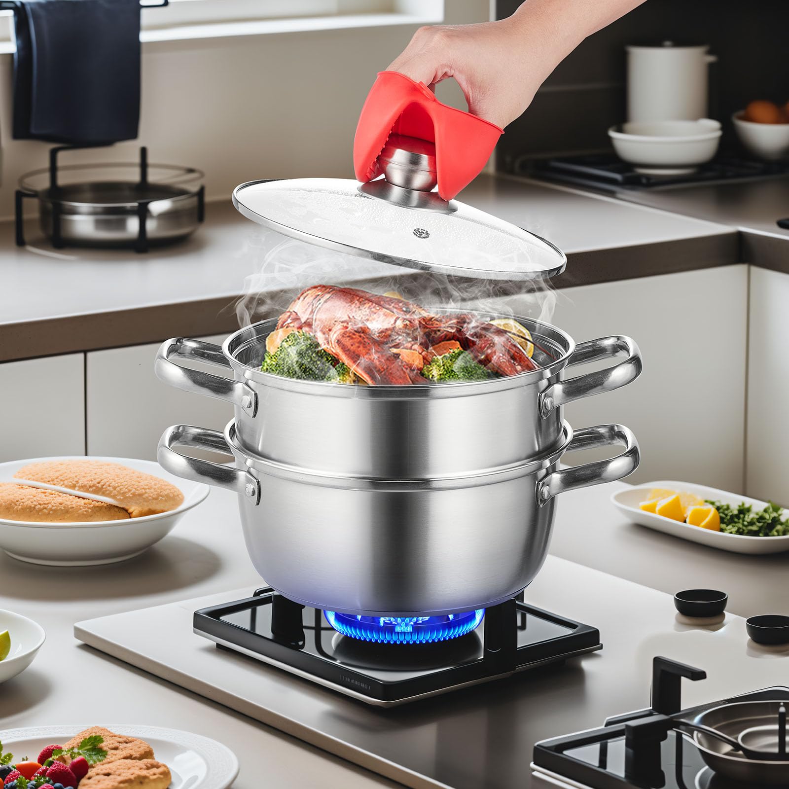 VEVOR Steamer Pot, 9.5in/24cm Steamer Pot for Cooking with 5QT Stock Pot and Vegetable Steamer, Food-Grade 304 Stainless Steel Food Steamer Cookware with Lid for Gas Electric Induction Grill Stove