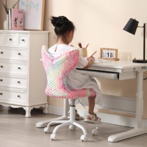 ZSARTS Cute Kids Desk Chair with Wheels Armless Swivel Study Chair with Mermaid Tail Back for Girls Faux Fur Adjustable Task Chair for Bedroom Home Office,Dark Colorful