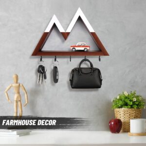 CRAKTH Mountain Key Holder for Wall Decorative, Wooden Key Hanger Wall Mount with 5 Hooks, Unique Key Rack for Mail and Key Organizer