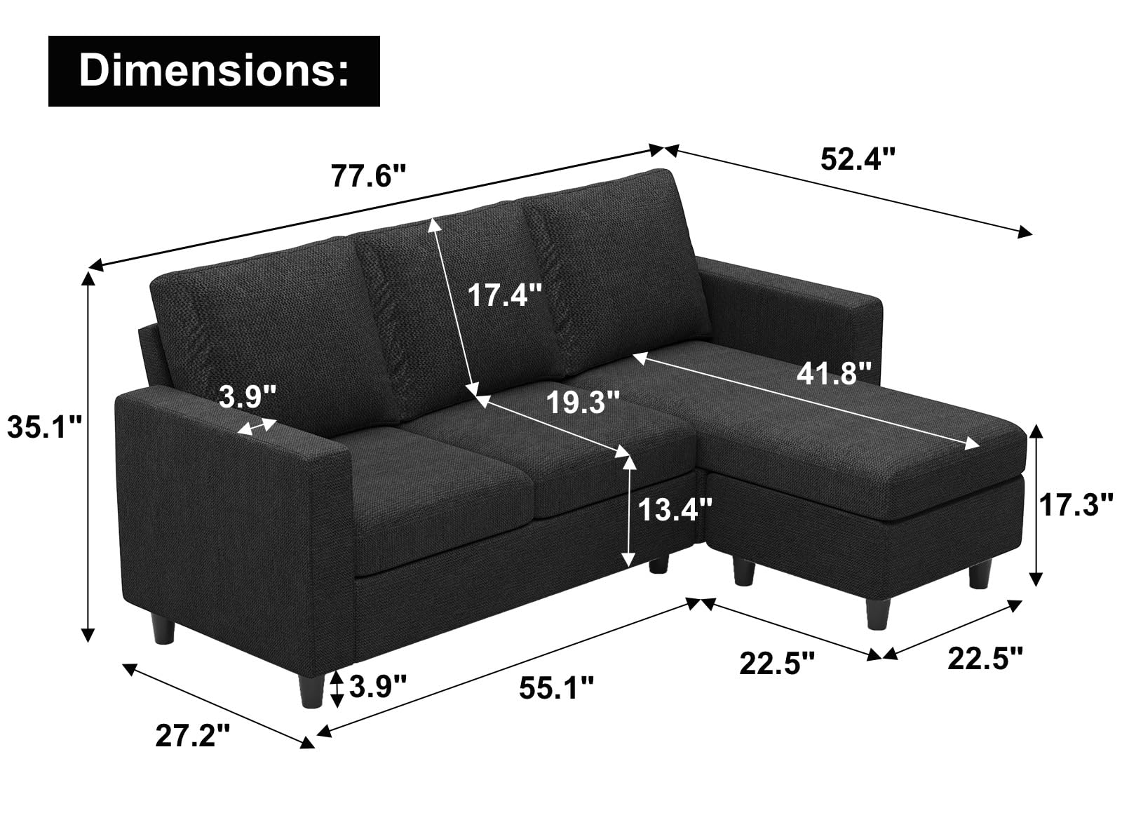 Belffin L Shaped Couch, Convertible Sectional Sofa with Linen Fabric, Modern Couch with Reversible Chaise for Living Room and Small Space, Dark Grey