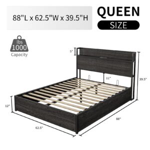 LUXOAK Queen Size Lift Up Storage Bed, Wood Platform Bed Frame with Storage Headboard & Charging Station, No Box Spring Needed, Easy Assembly, Black