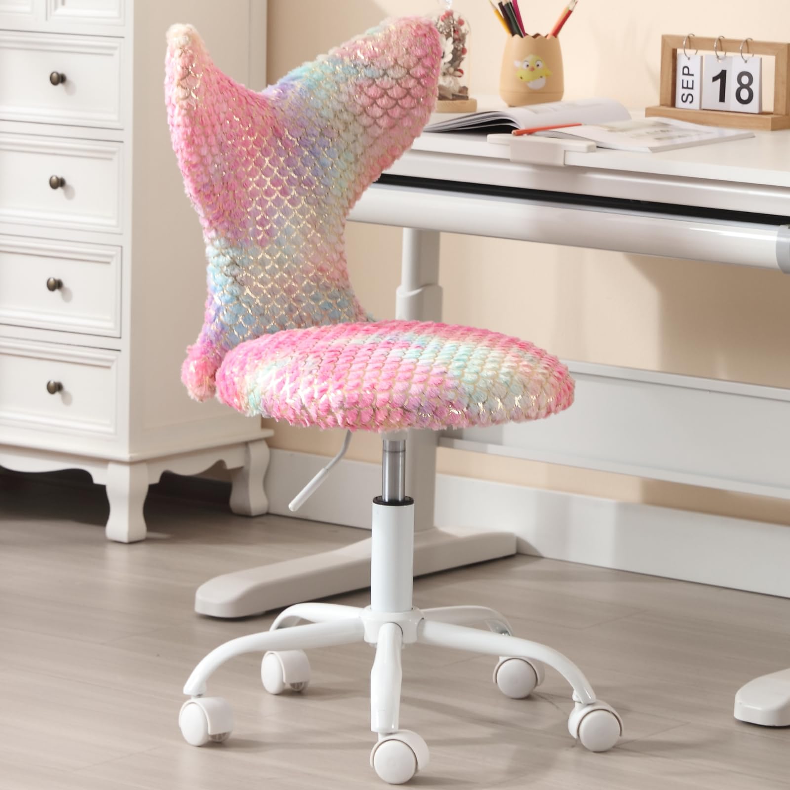 ZSARTS Cute Kids Desk Chair with Wheels Armless Swivel Study Chair with Mermaid Tail Back for Girls Faux Fur Adjustable Task Chair for Bedroom Home Office,Dark Colorful