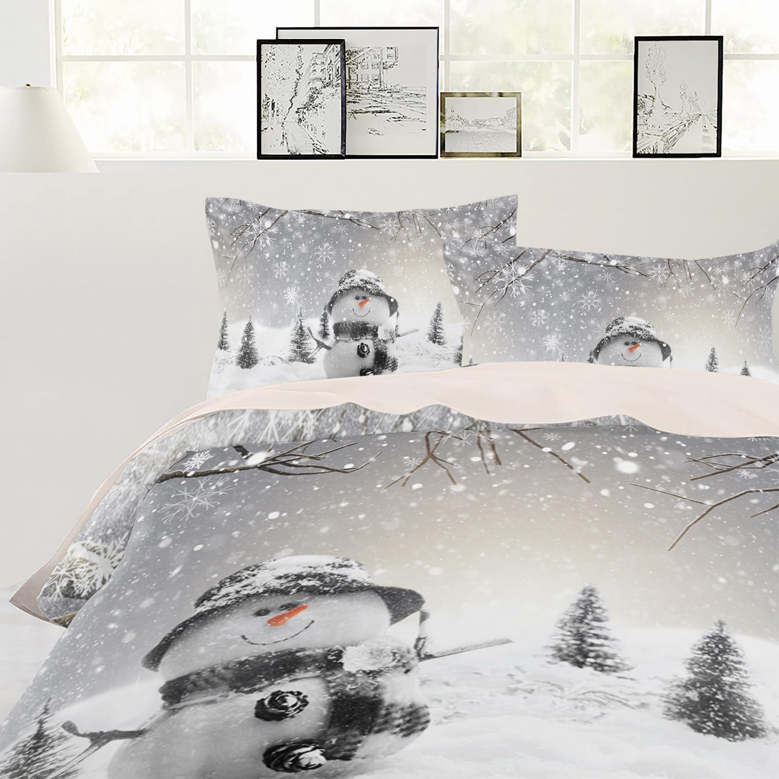 Debedcor Grey Snowman Christmas Bedding Cal. King Comforter Covers Sets, Gray Winter Snowflake Branch 4 Piece Duvet Cover Set Lightweight Microfiber Soft Bedding Set for Adult Teen, Xmas Forest Snow