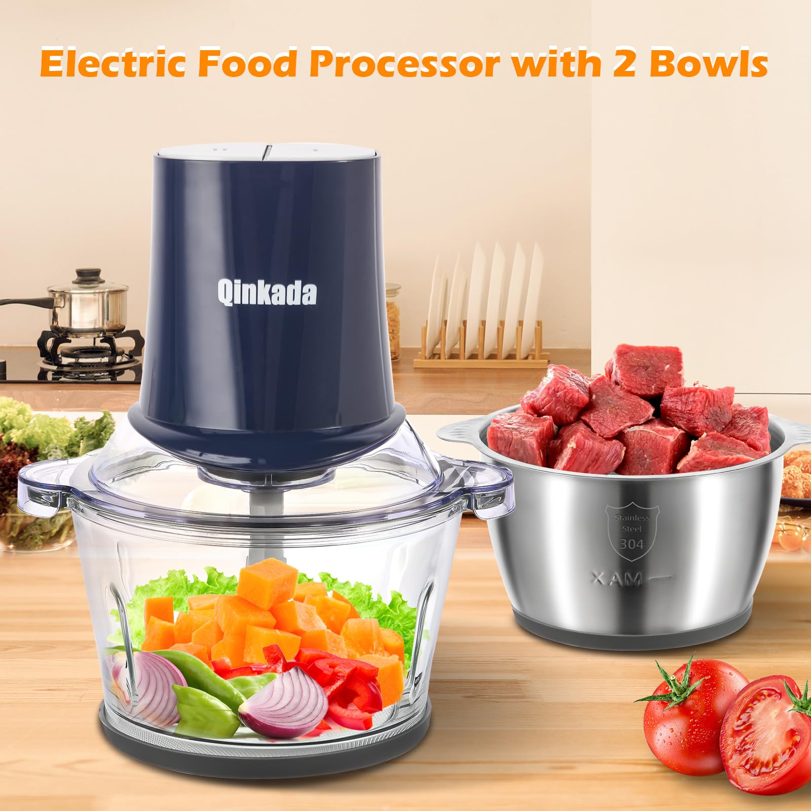 Qinkada Food Processors with 2 Bowls, 400W Meat Grinder, Food Chopper Electric, 2 Speed, 8Cup Glass and 8Cup 304 Stainless Steel, 2 Blades, Spatula (Blue)