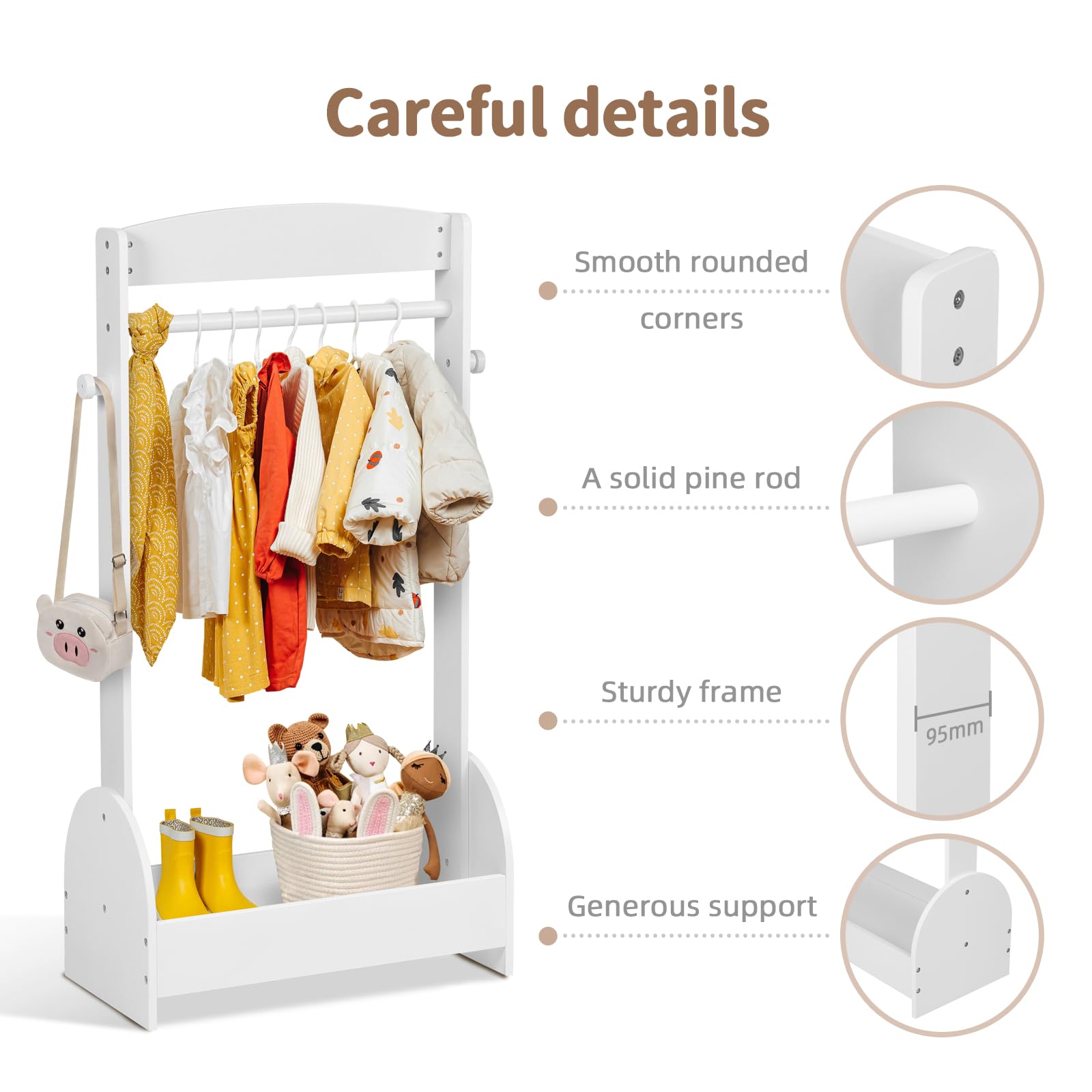 OOOK Kids Dress Up Rack, Open Hanging Armoire Closet, Clothes Storage Rack Wood Standing Closet, Costume Rack Organizer for Toddler 3+ Years