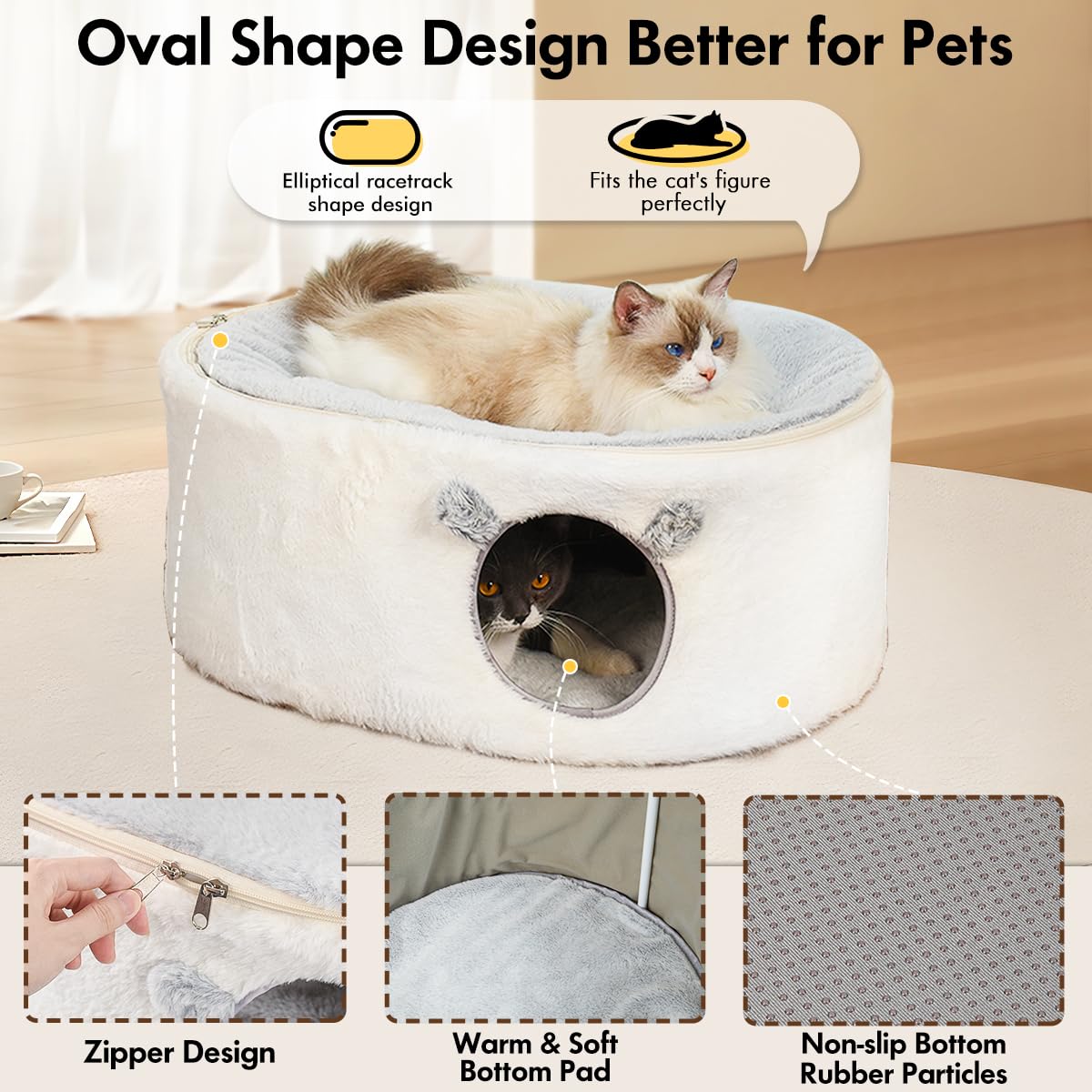 Zoratoo Cat Bed for Indoor Cats, Fluffy Cat Cave Large Enclosed Cat House Pet Bed Hammock with Removable Washable Cover for Sleeping Cat, Kittens, Small Dog, Oval Cat Hideaway